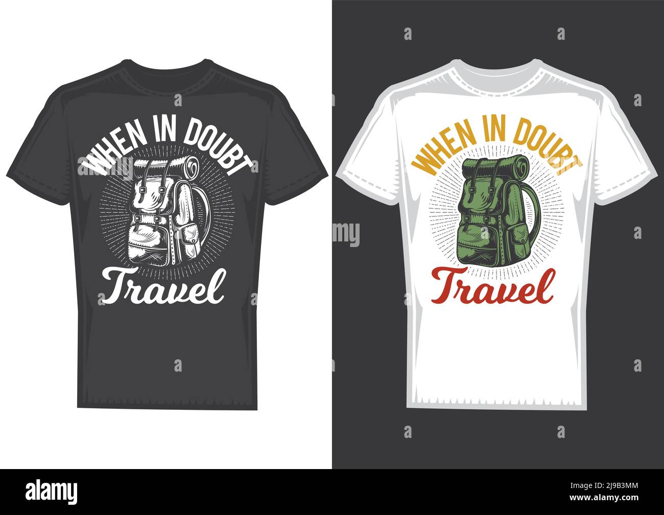 Exemples de modèles de t-shirt avec illustration d'un sac à dos de camping. Illustration de Vecteur