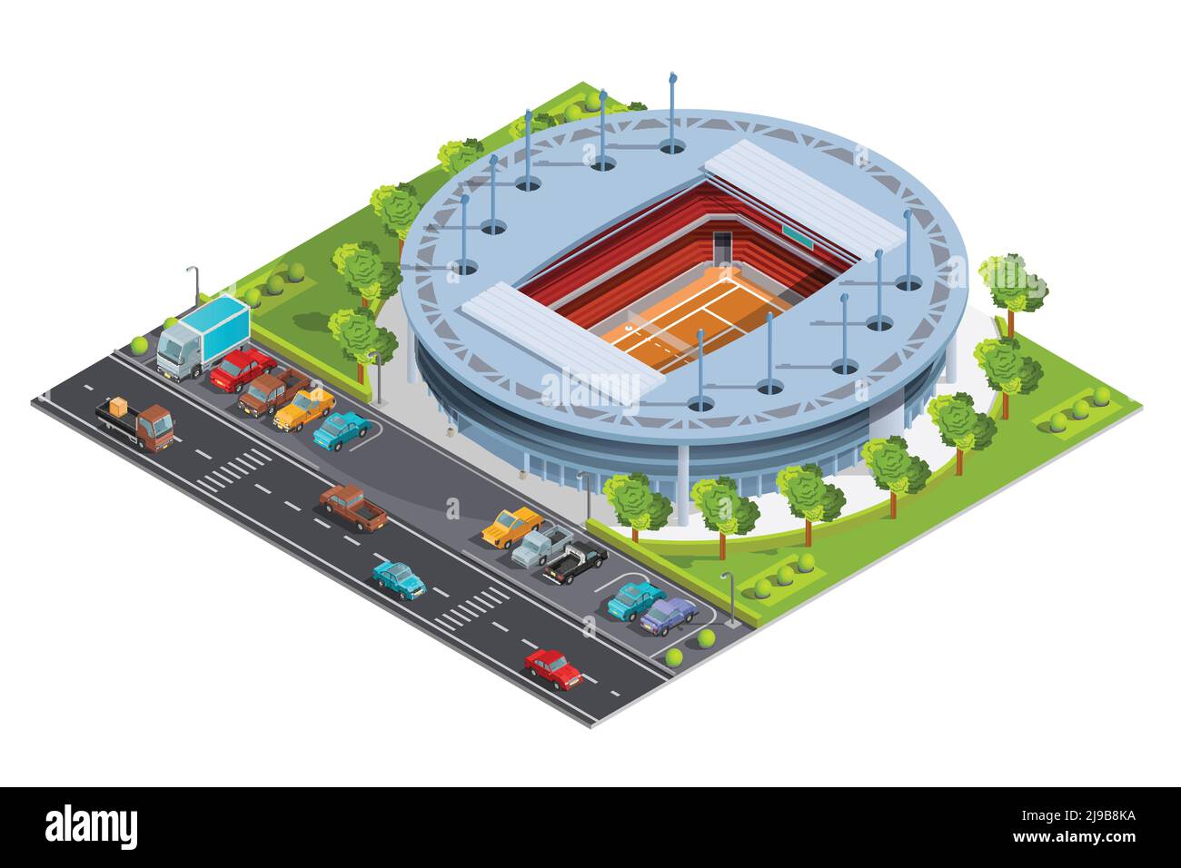 Complexe sportif de tennis avec stade ouvert pour l'entraînement des championnats et correspond à l'illustration vectorielle abstraite de la bannière isométrique Illustration de Vecteur