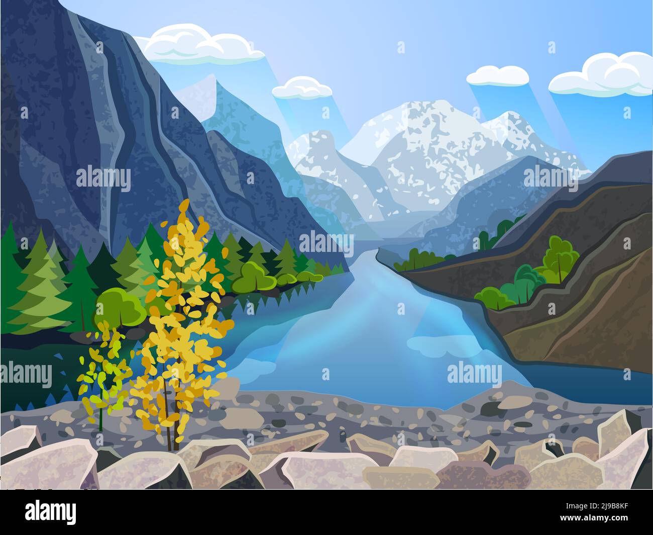 Papier peint paysage de qualité été chaîne de montagne avec rivière et or arbre pittoresque affiche imprimé abstrait illustration vectorielle Illustration de Vecteur