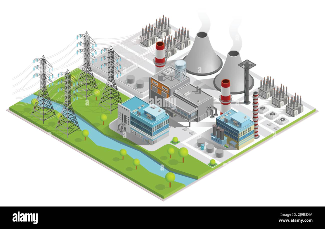 Illustration vectorielle de la centrale thermique pour la production d'électricité énergie avec cheminées bâtiments industriels et lignes électriques prend en charge isométriques Illustration de Vecteur