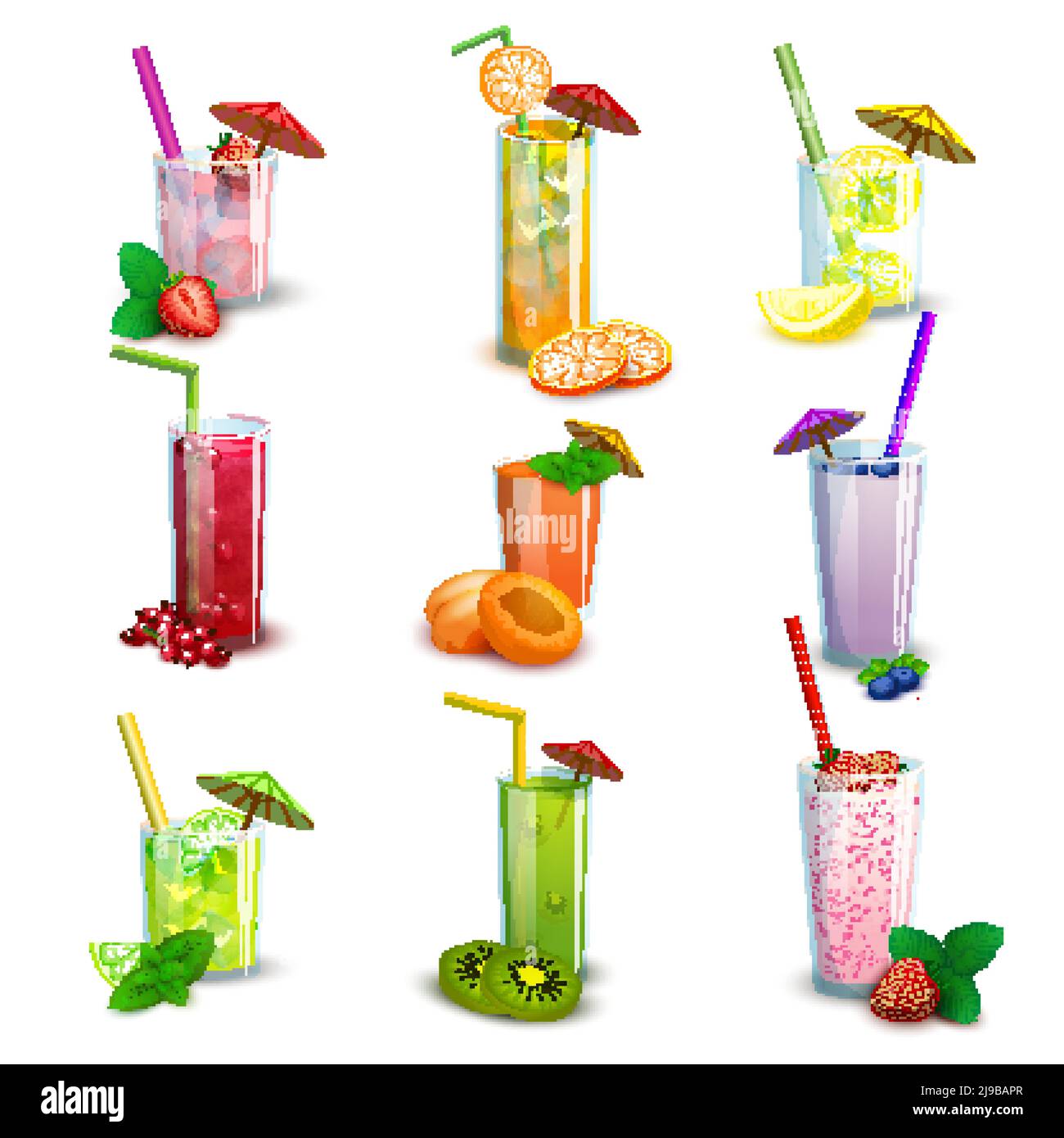 Meilleurs verres longs d'été cocktails de fruits frais et milk-shakes les icônes plates définissent l'illustration vectorielle isolée abstraite Illustration de Vecteur