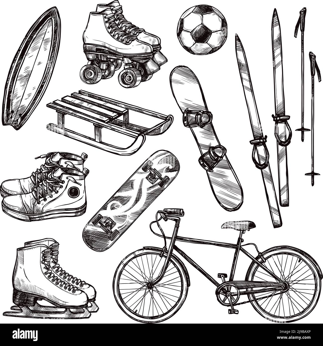Équipement de sport d'hiver et d'été avec football dessiné à la main vélo à balles et patins à roulettes illustration vectorielle isolée Illustration de Vecteur