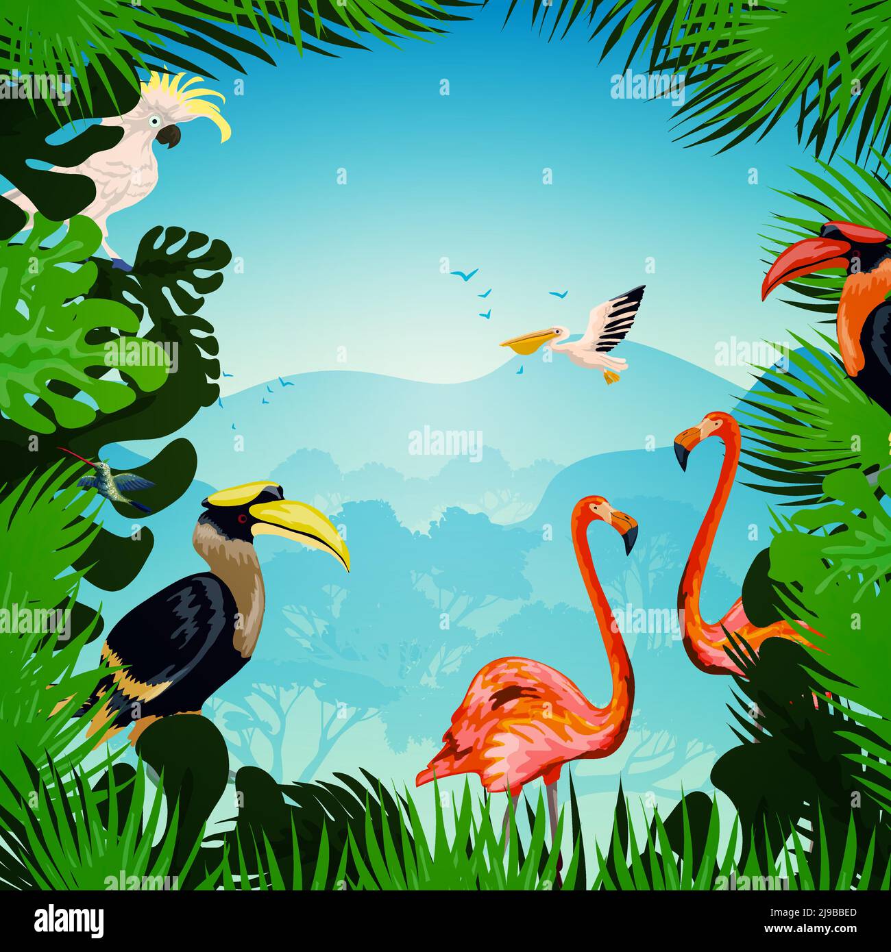 Fond de forêt tropicale avec plantes exotiques et oiseaux sauvages vecteur illustration Illustration de Vecteur