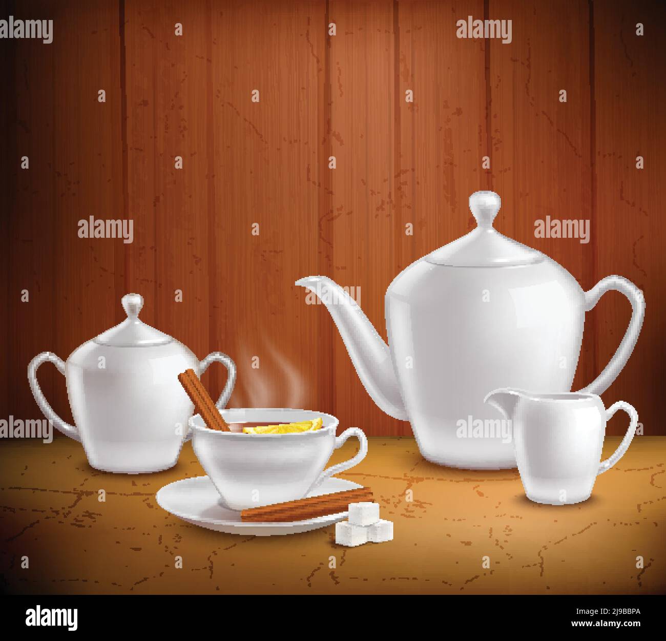 Composition du kit de thé avec théière chaude et pot à lait sur la table près de l'illustration du vecteur mural en bois Illustration de Vecteur