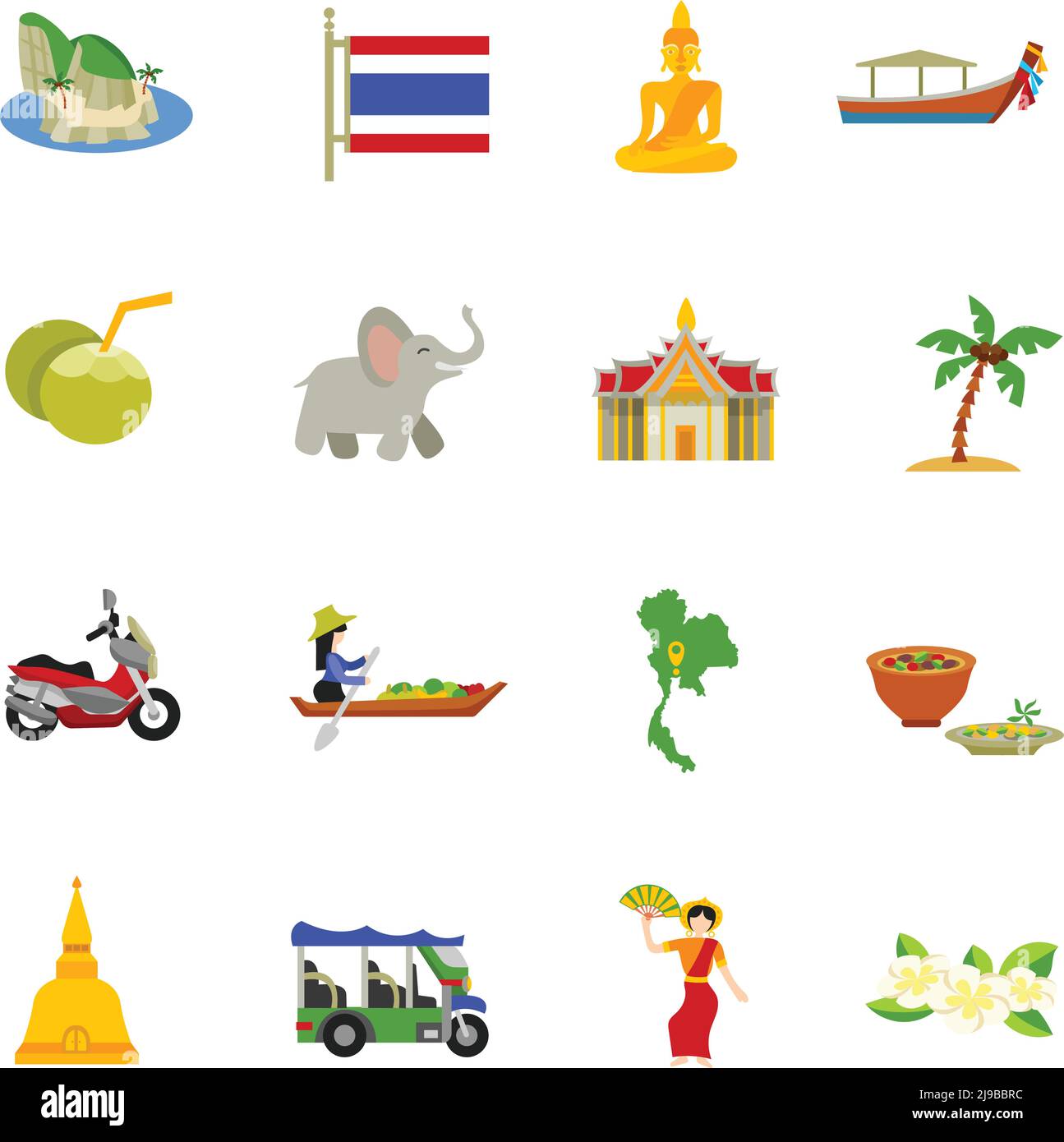 Les icônes de la Thaïlande se trouvent sur des plages de noix de coco et des bateaux plats illustration vectorielle isolée Illustration de Vecteur