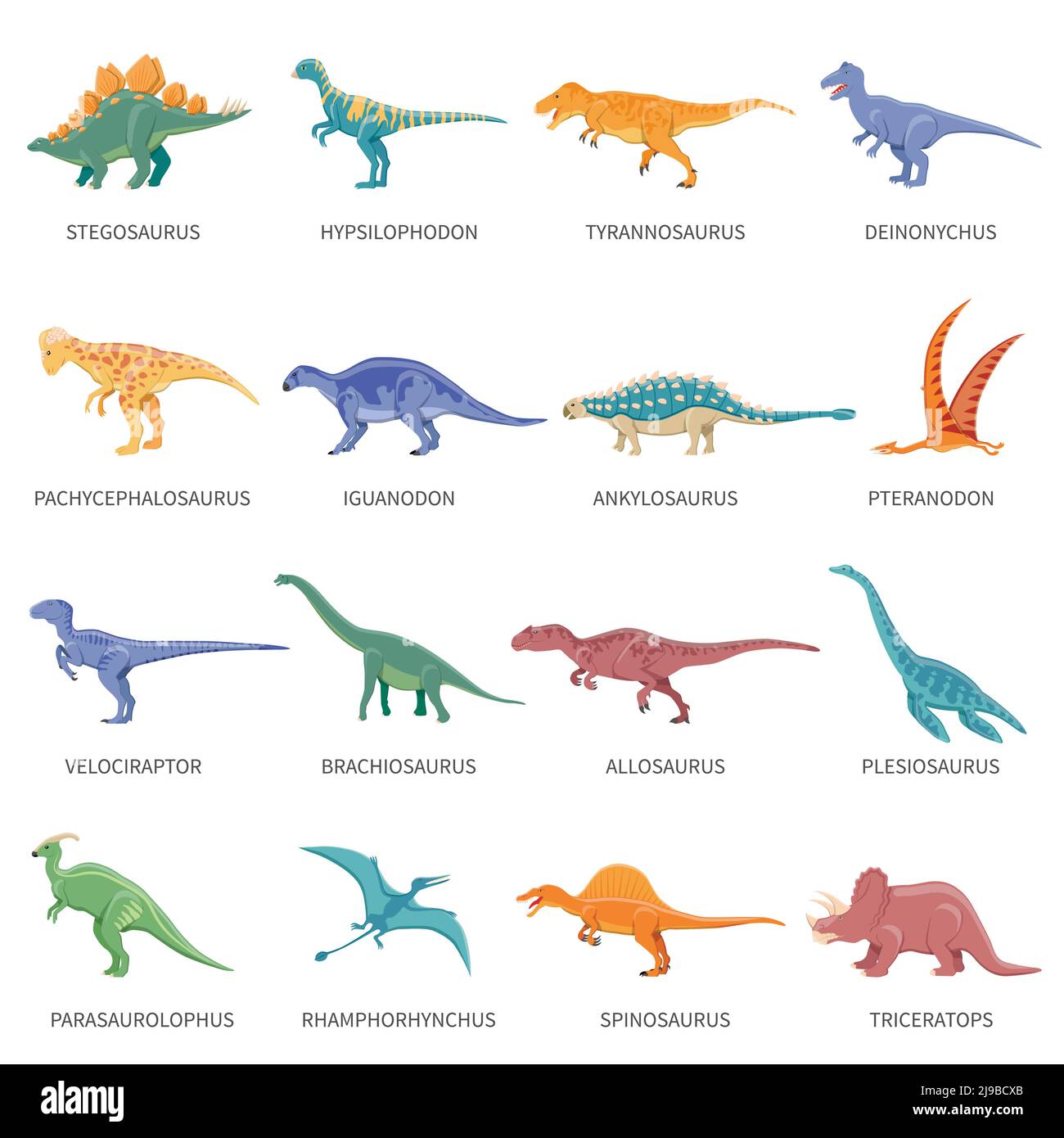 Ensemble d'icônes isolées colorées de différents types de dinosaures dans style de dessin animé avec nom de classe ou type de vecteur plat illustration Illustration de Vecteur