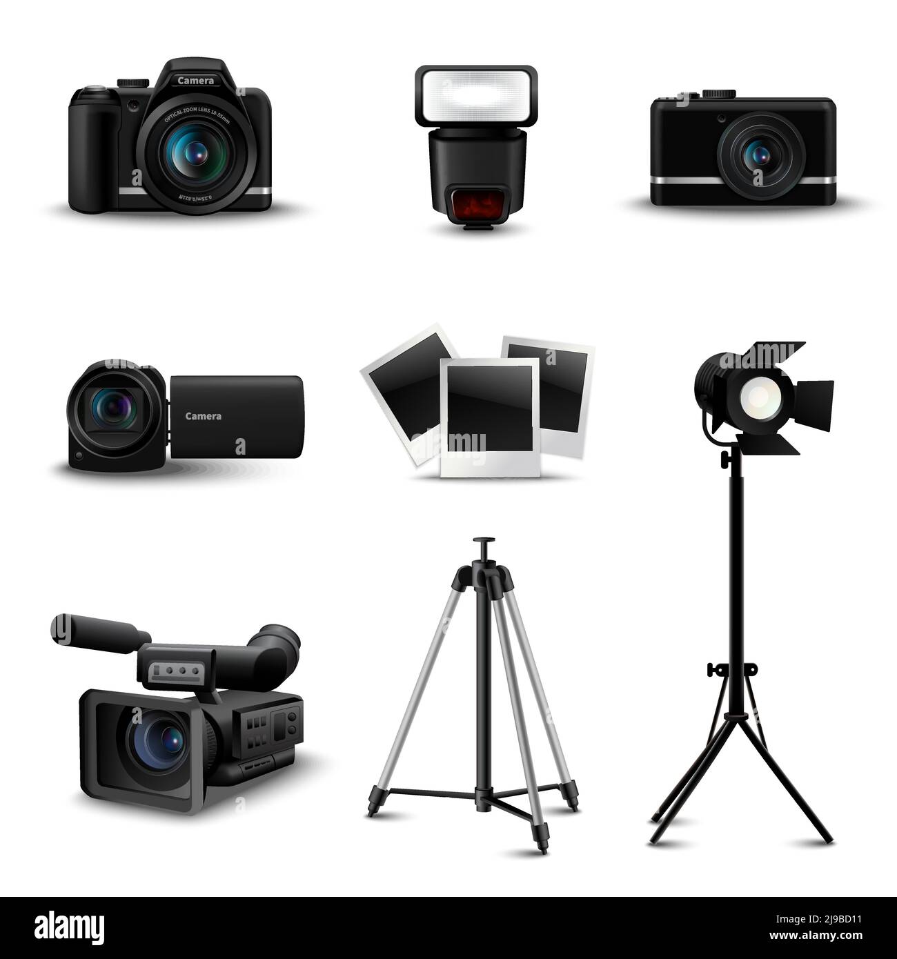 Des icônes de caméra réalistes et des équipements photo définissent une illustration vectorielle isolée Illustration de Vecteur