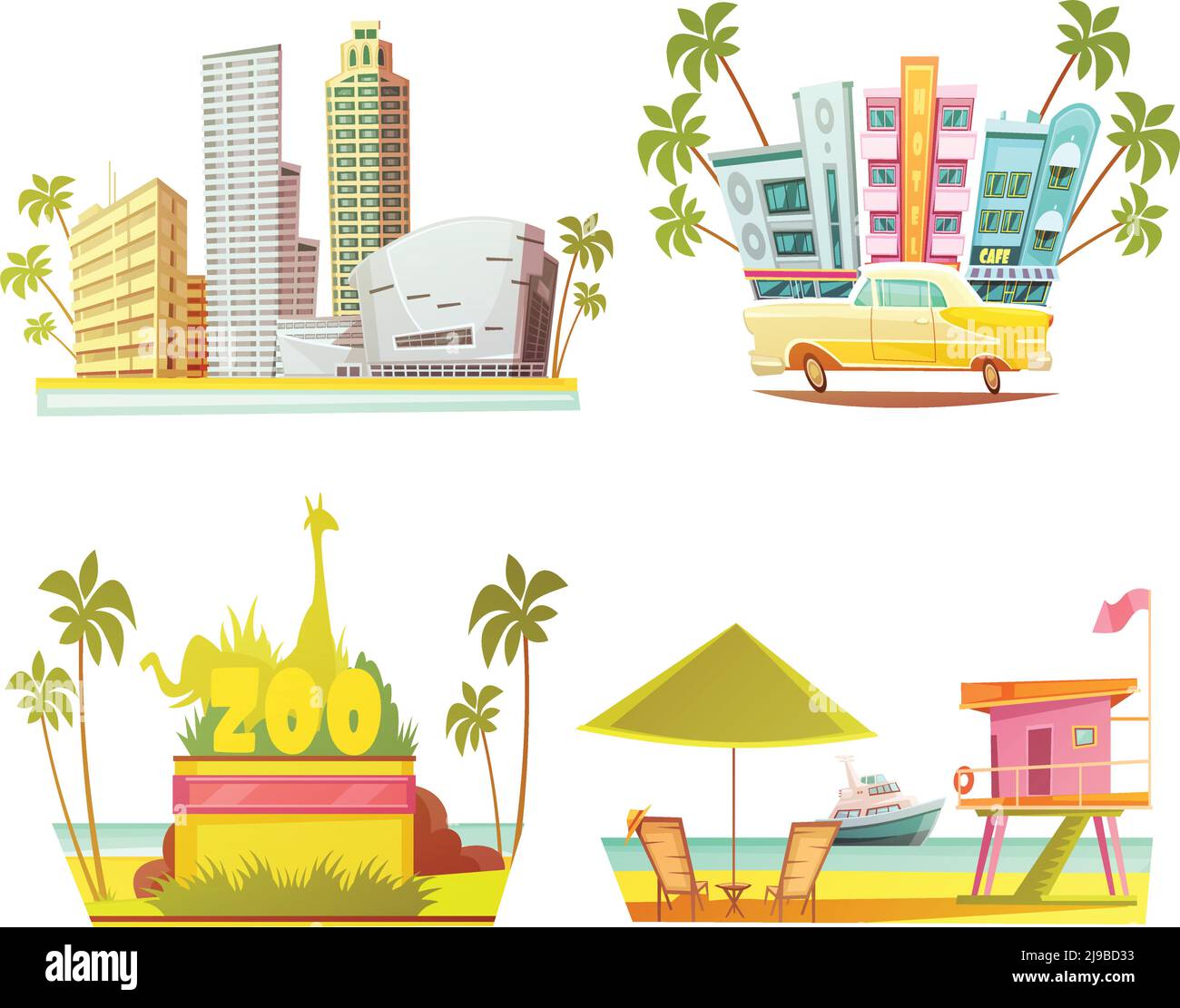 Miami 2x2 design concept avec gratte-ciel ville zoo cabine de maître-nageur sur la plage compositions de dessin animé illustration de vecteur plat Illustration de Vecteur