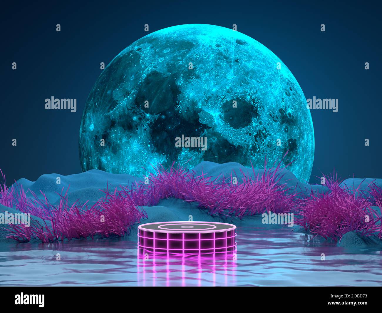 Une nature fantastique la nuit avec un podium dans l'eau sur fond d'une énorme lune, de sable et de plantes roses. 3D rendu. Banque D'Images
