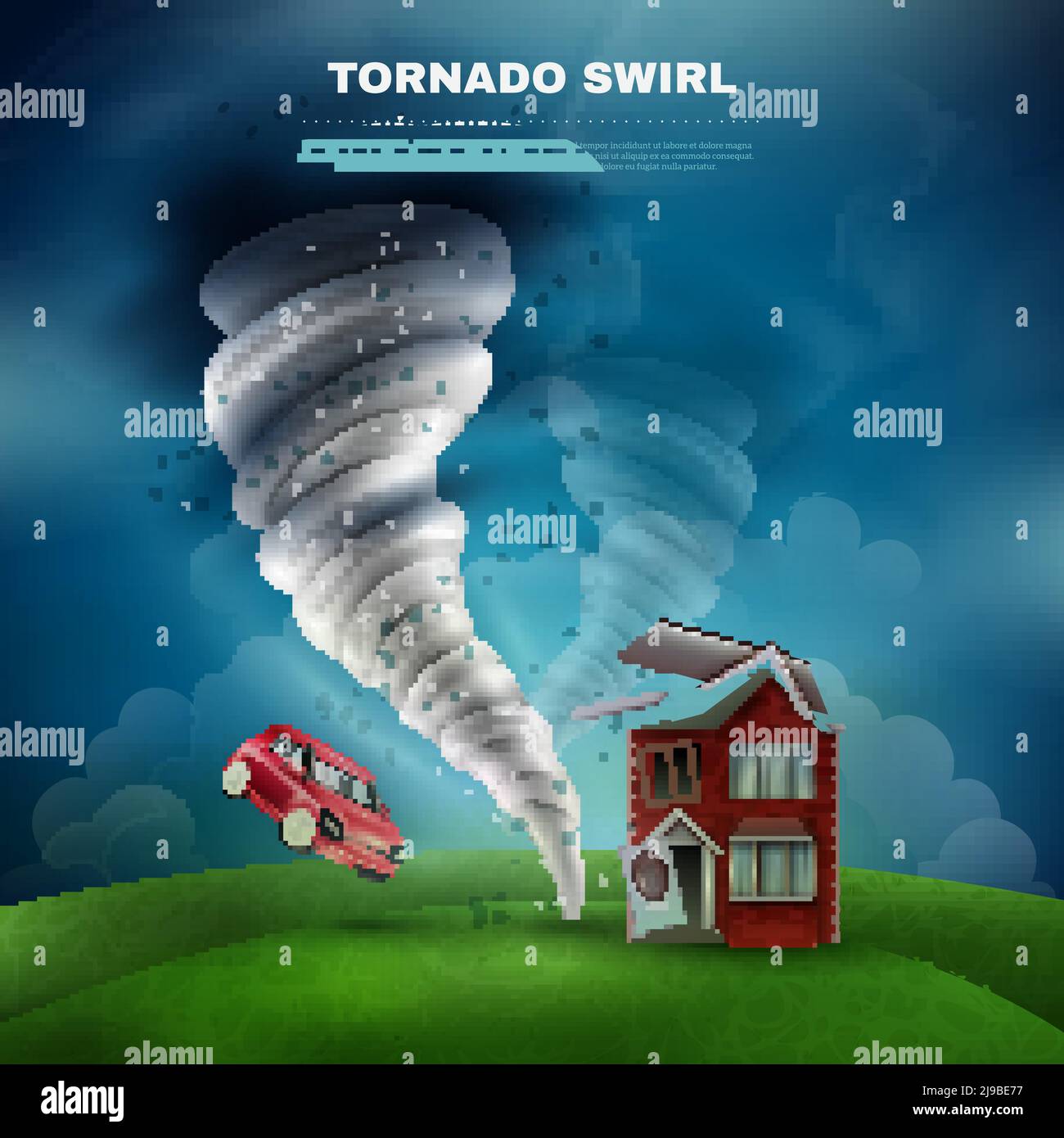 Tornado conception naturelle de catastrophe comprenant la maison avec porte de toit cassée et illustration du vecteur de poussière de la voiture volante Illustration de Vecteur