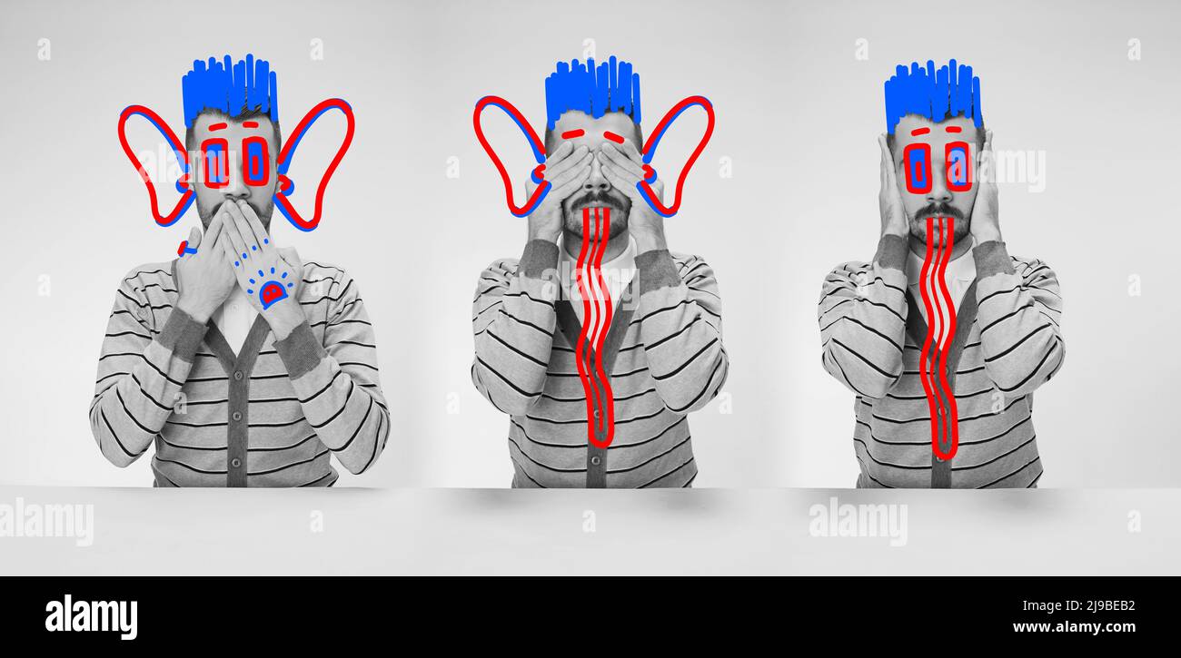Triptyque créatif. Œuvres d'art contemporaines. Jeune homme étrange avec des dessins rouges et bleus clairs. Vandalisme numérique. Concept d'art, création, aspiration Banque D'Images