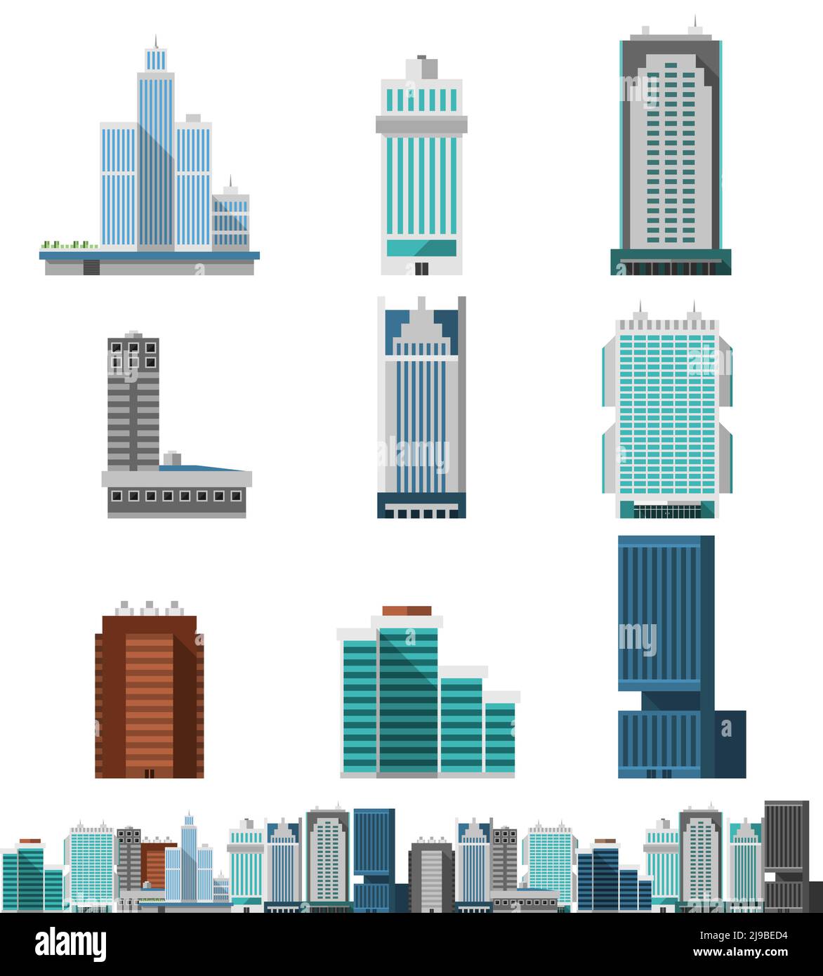 Bureaux gratte-ciel bâtiments d'affaires plats avec horizon urbain décoratif illustration vectorielle isolée par icône Illustration de Vecteur