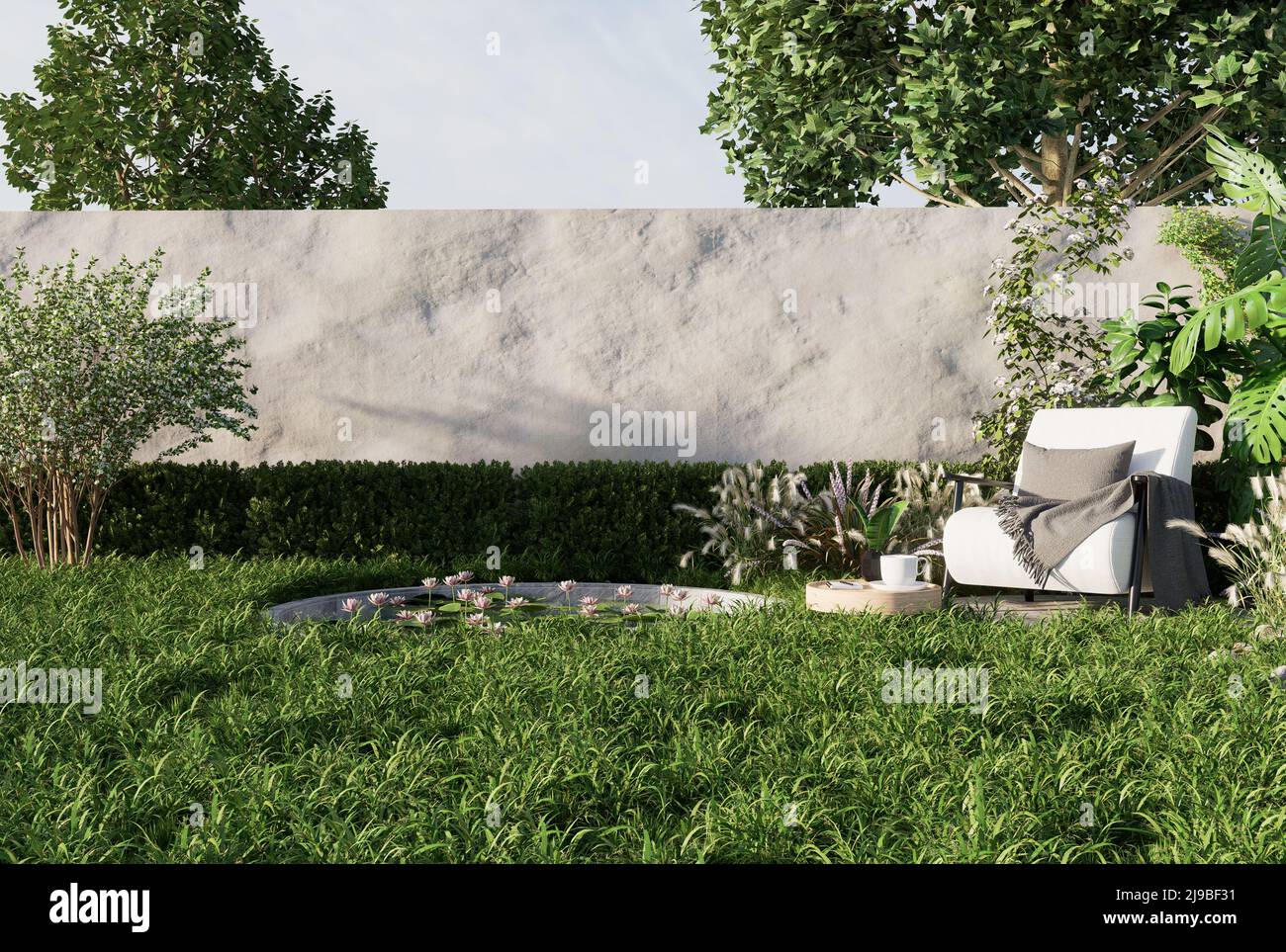 Mur moderne en béton de style loft pour les sièges extérieurs avec arrière-plan nature.3D rendu Banque D'Images