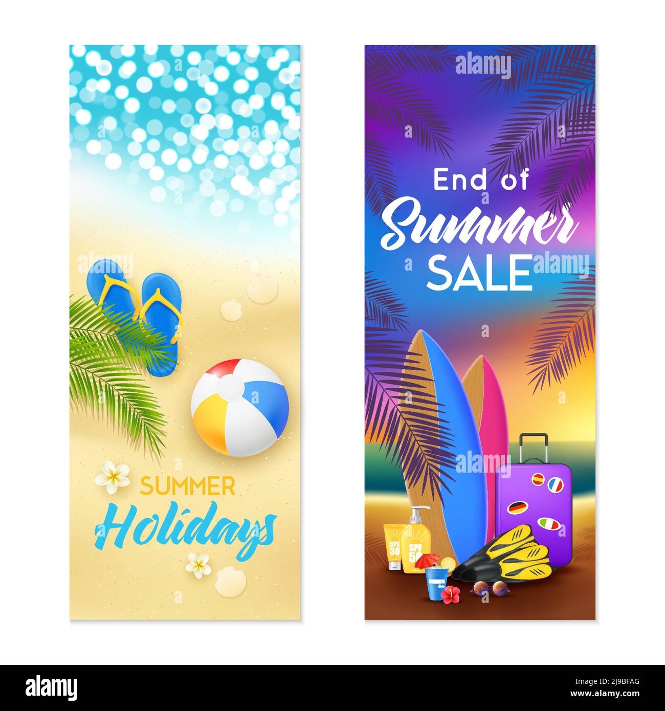 Plage tropicale vacances d'été vacances excursions forfaits vente 2 coloré des bannières publicitaires verticales définissent une illustration vectorielle isolée Illustration de Vecteur