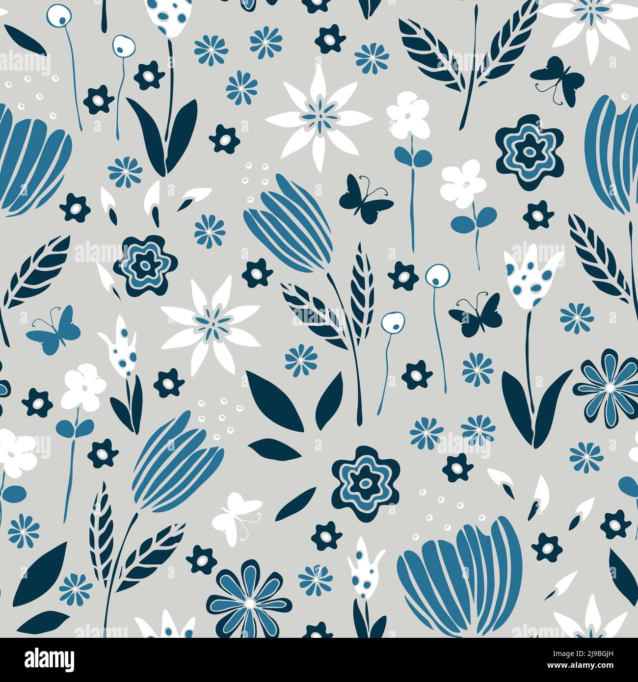 Motif vectoriel sans couture avec jardin fleuri bleu sur fond gris. Papier peint vintage doux à motif fleuri. Textile de mode romantique décoratif. Illustration de Vecteur