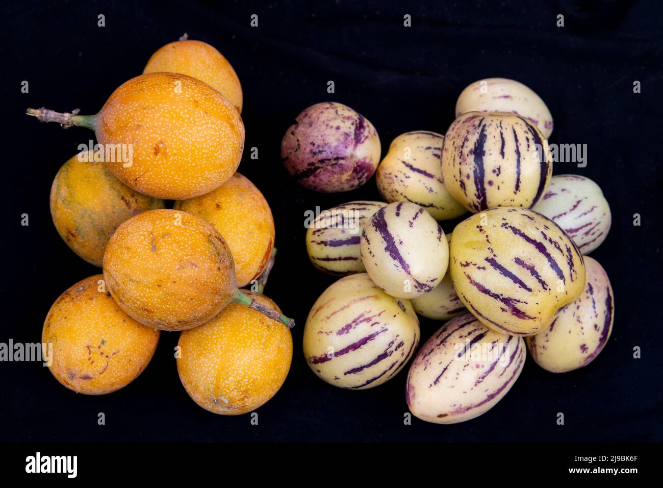 Equateur, Quito, Otavalo, marché agricole. granadilla douce (Passiflora ligularis) (L) un fruit de la passion tropicale. Pepino dulce 'Sweet concombre' (R). Banque D'Images