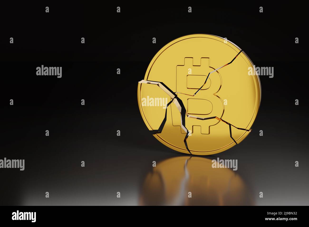 Bitcoin cassé sur fond sombre avec espace de copie. Concept de crash de crypto-monnaie. 3d illustration. Banque D'Images