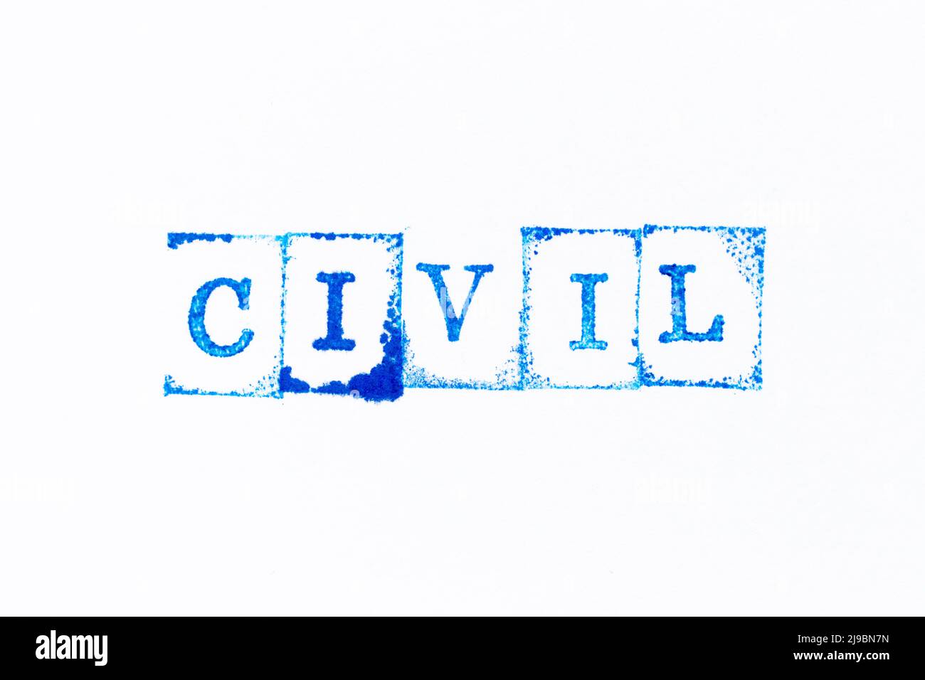 Tampon en caoutchouc de couleur bleue avec le mot civil sur fond de papier blanc Banque D'Images
