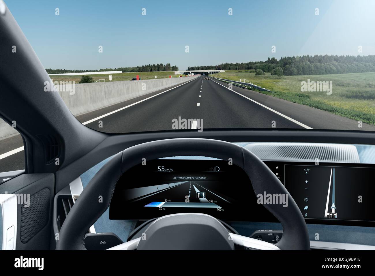 Système Intelligent De Technologie De Voiture Intelligente Moderne  Utilisant L'affichage Tête Haute Hud Véhicule Autonome En Mode De Conduite  Autonome Sur La Route De La Ville Avec Capteur Graphique Système De Signal