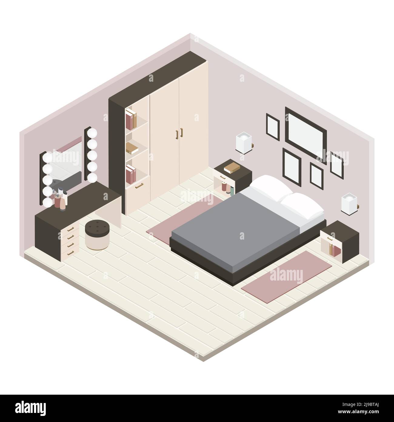 L'intérieur de la chambre isométrique grise est entièrement rénové et meublé d'une chambre avec illustration vectorielle de mobilier Illustration de Vecteur