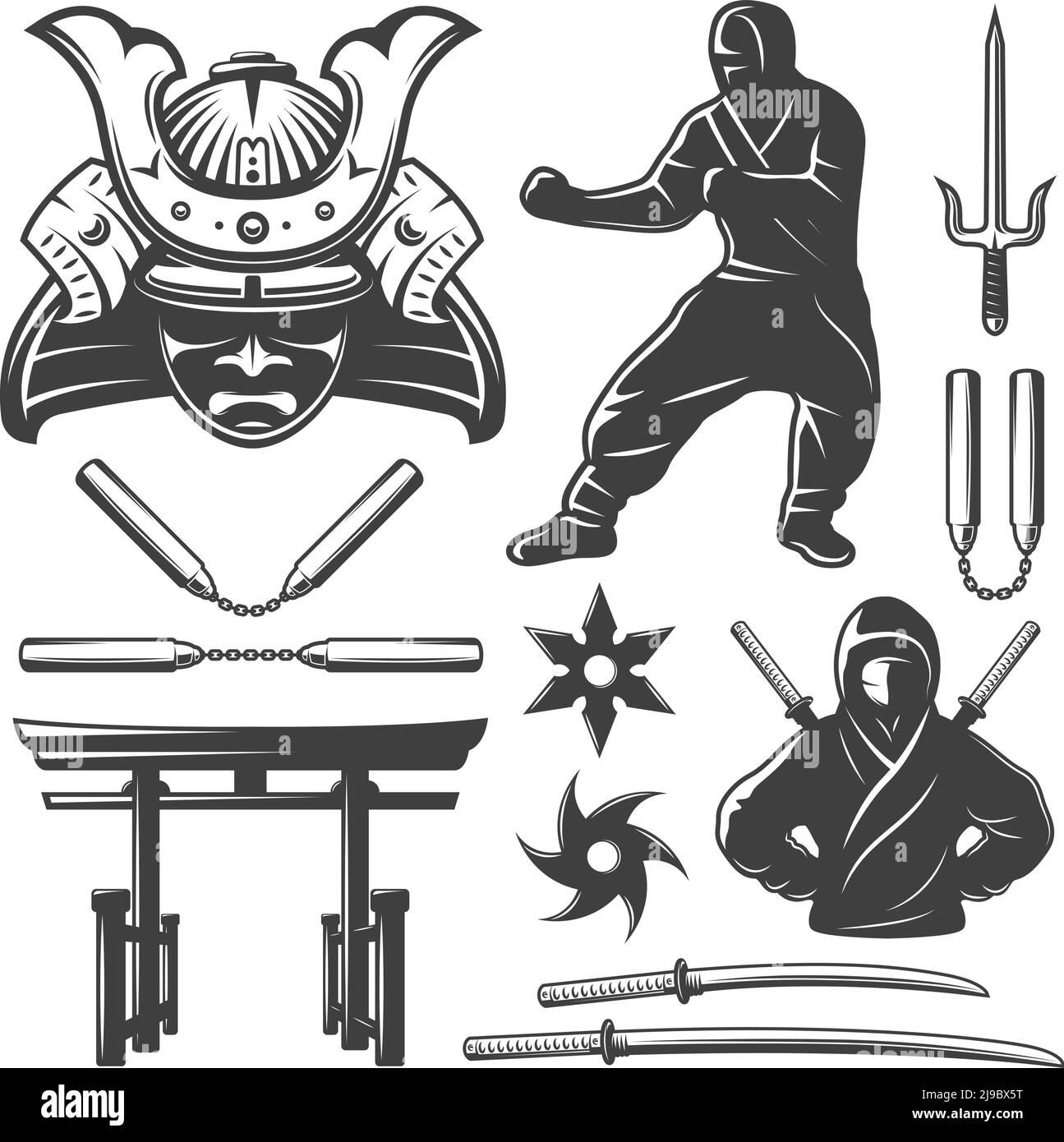Ensemble monochrome isolé avec symboles samouraïs et armes, y compris les nunchucks épées et shurikens sur une illustration vectorielle d'arrière-plan vierge Illustration de Vecteur