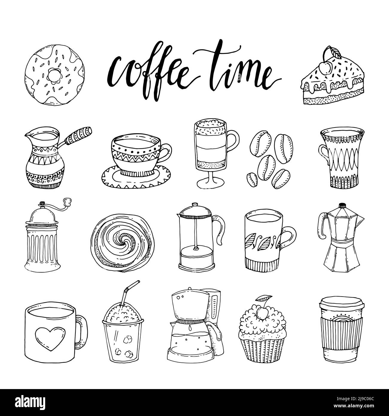 Ensemble d'éléments monochromes dessinés à la main avec ustensiles et illustration vectorielle isolée de la machine et du moulin à pâtisserie Illustration de Vecteur