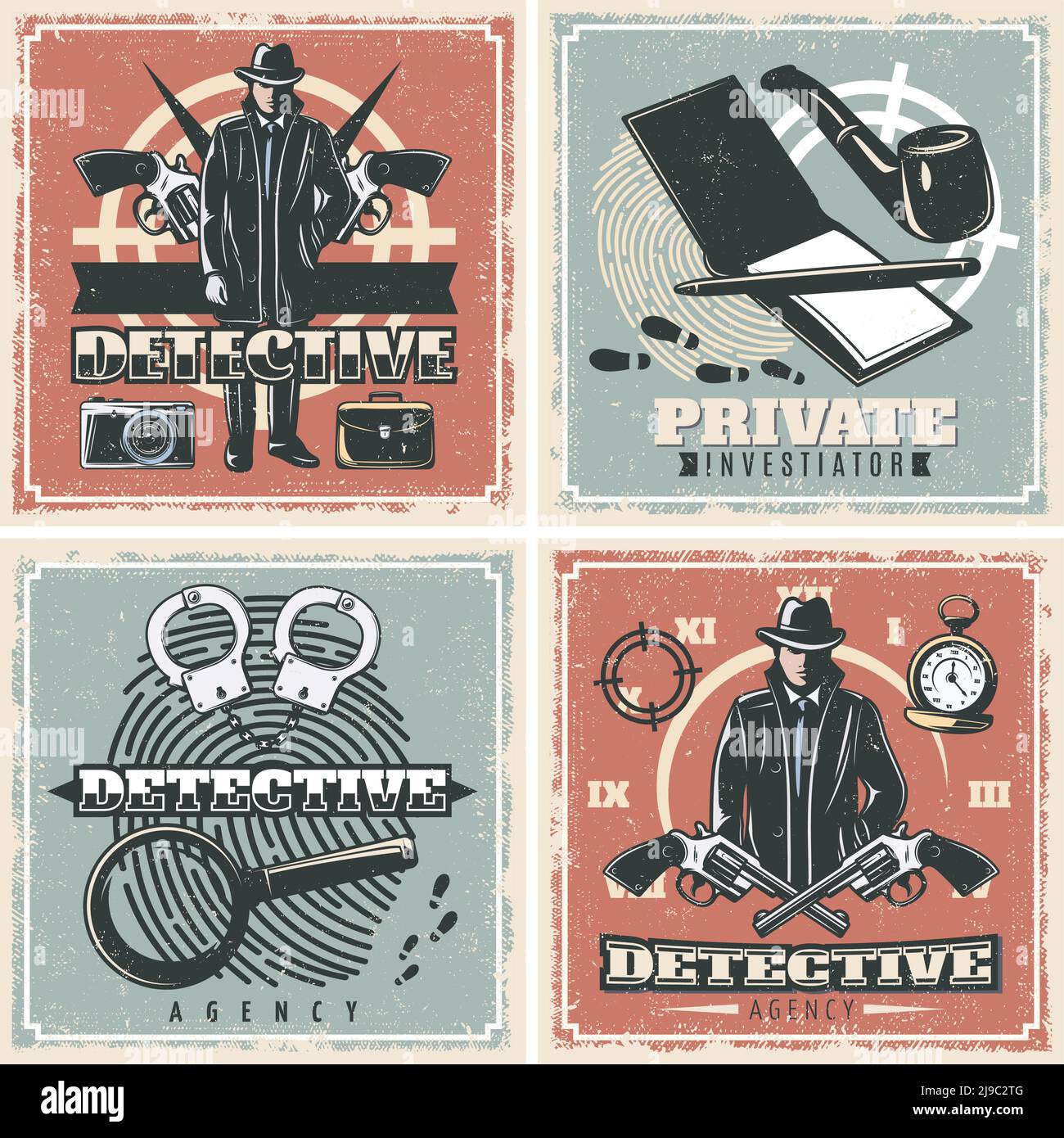 Quatre compositions carrées d'agence de détective dans le style de l'ancienne école avec caractère mâle avec symboles d'investigation illustration vectorielle Illustration de Vecteur