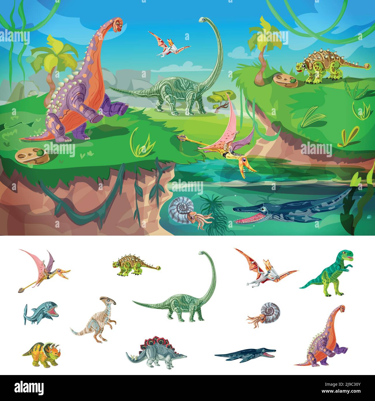 Animaux jurassic concept avec la faune et la conception d'oiseaux dinosaures et bêtes sous-marins illustration vectorielle isolée Illustration de Vecteur