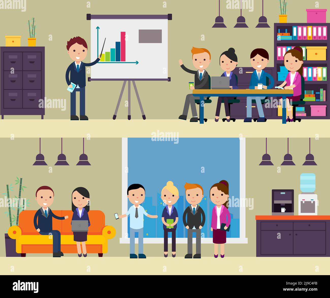 Composition de la négociation commerciale avec les personnes lors de la conférence de présentation de la réunion et interview en illustration vectorielle plate Illustration de Vecteur Composition de la négociation commerciale avec les personnes lors de la conférence de présentation de la réunion et interview en illustration vectorielle plate Illustration de Vecteur