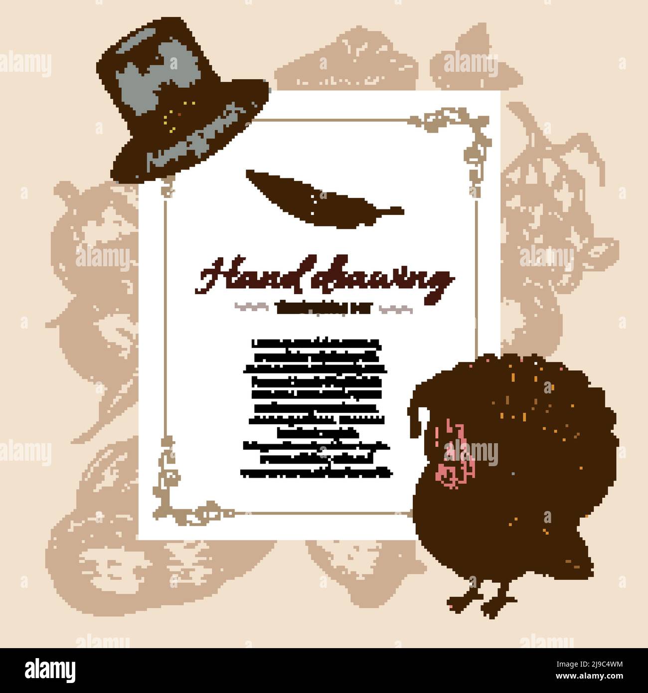 Modèle de lettre du jour de Thanksgiving avec cadre décoratif chapeau dinde illustration vectorielle sur fond beige avec symboles de vacances Illustration de Vecteur