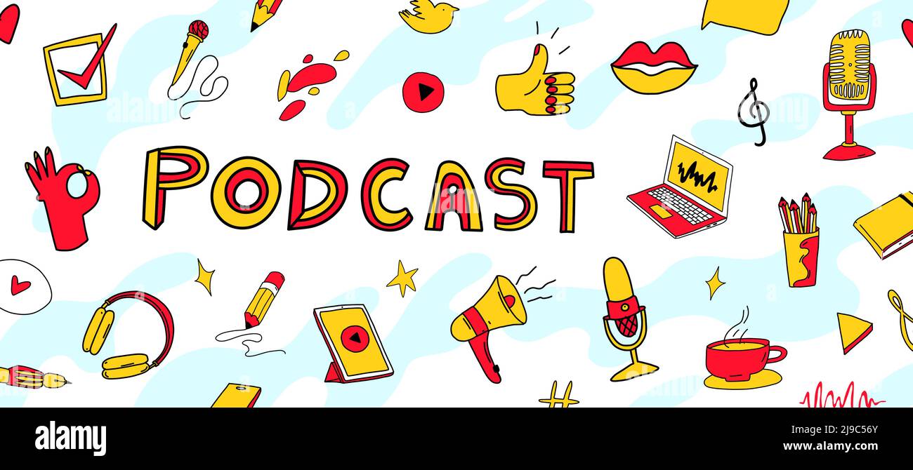 Bannière de podcast avec des illustrations de dessin animé doodle de matériel de podcast. Arrière-plan vectoriel. Illustration de Vecteur