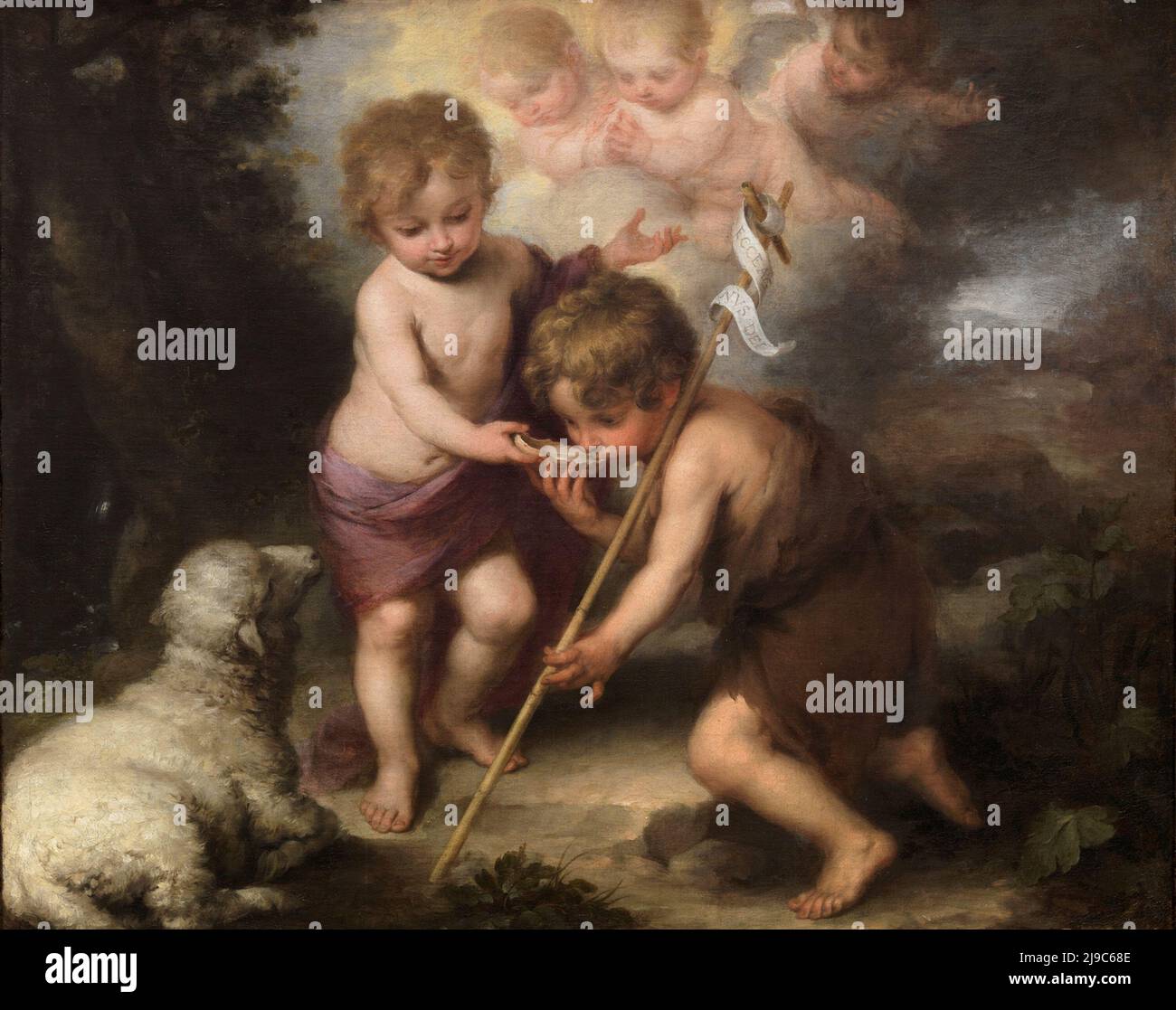 Jean-Baptiste (à droite) avec l'enfant Jésus, dans la peinture des enfants Saints avec une coquille par Bartolomé Esteban Perez Murillo Banque D'Images