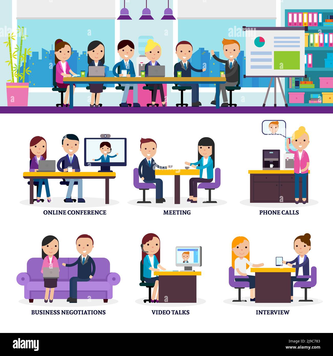 Réunion de personnes d'affaires dans différentes situations de négociation à plat illustration vectorielle de style Illustration de Vecteur Réunion de personnes d'affaires dans différentes situations de négociation à plat illustration vectorielle de style Illustration de Vecteur