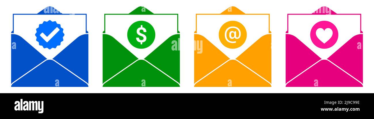Icônes de vecteur de message plat, avec symboles de vérification, dollar, arobase et cœur. Enveloppes concept bleu, vert, jaune et rose isolées sur fond blanc. Illustration de Vecteur