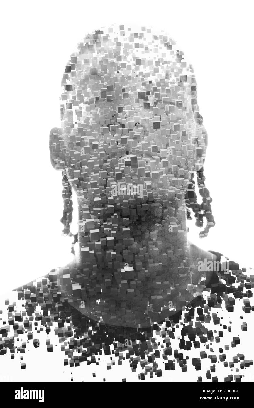 Pensée du système. Portrait d'un homme combiné à un élément numérique Banque D'Images