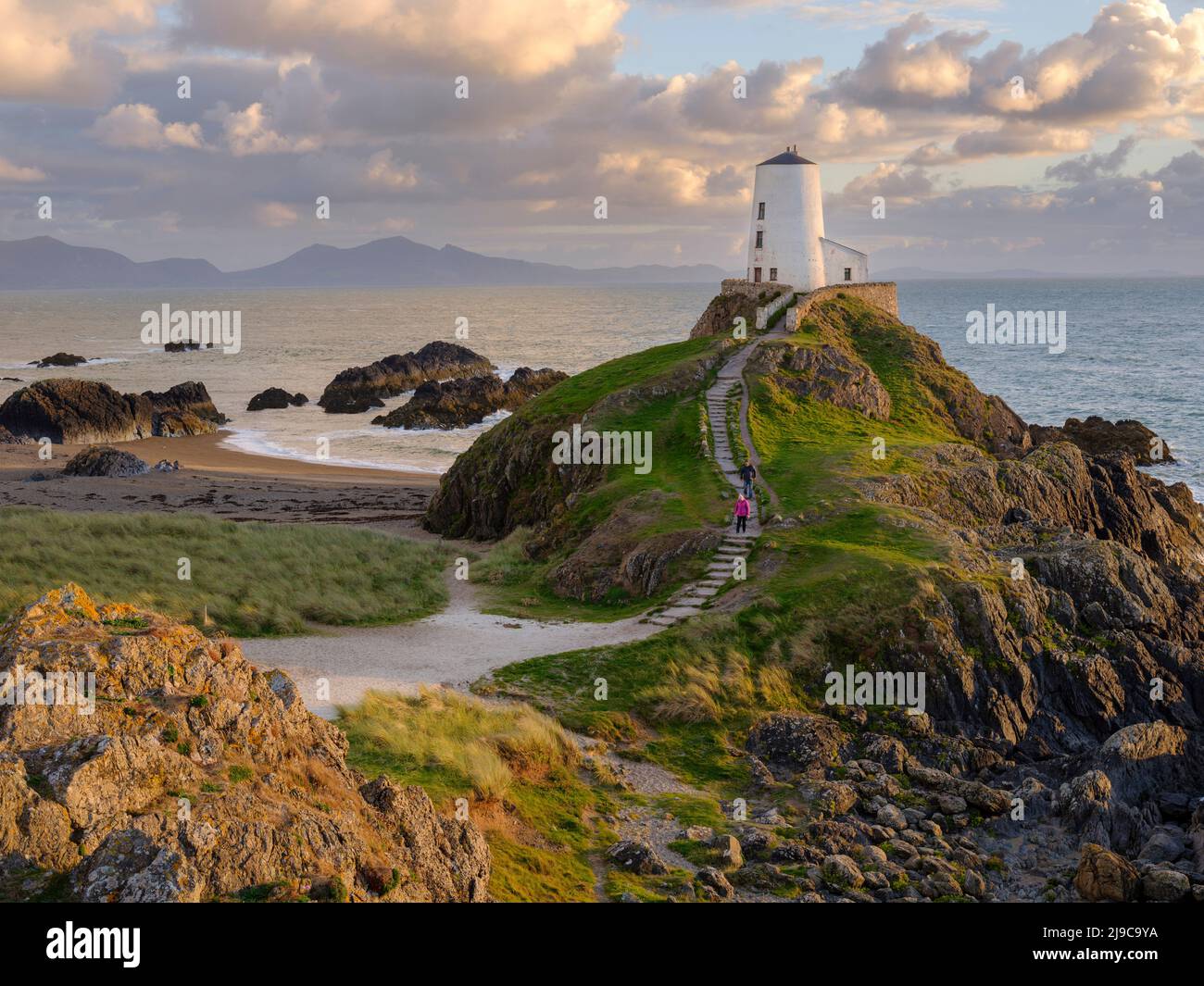 Feu en fin d'après-midi sur le phare Twr MWR sur l'île Llandwyn à Anglesey. Banque D'Images