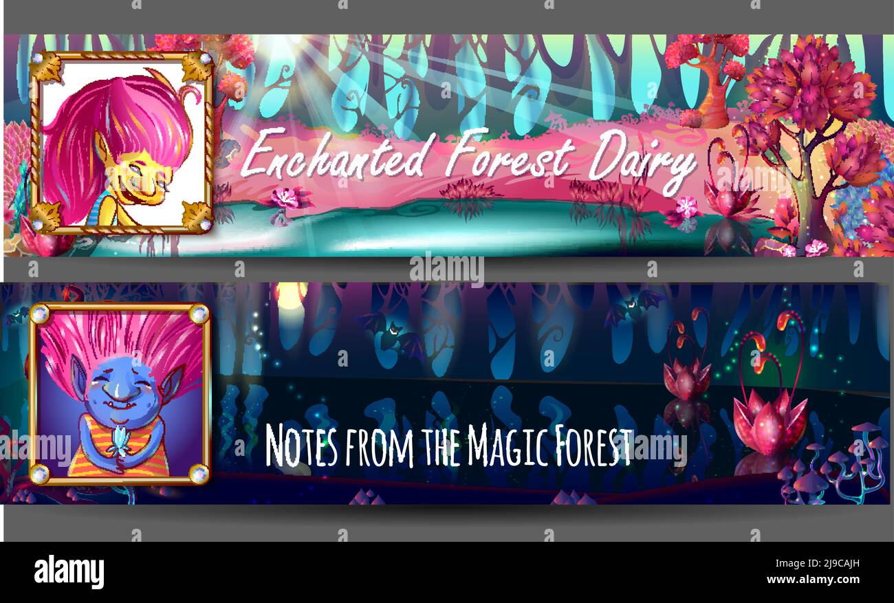 Les troll personnages avatars des bannières horizontales sur le paysage forestier enchanté coloré dans l'illustration du vecteur de jour et de nuit Illustration de Vecteur