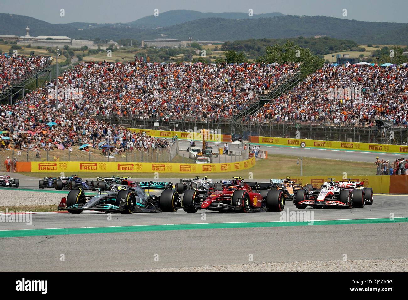 22 mai 2022, circuit de Catalunya, Barcelone, F1 Pirelli Grand Prix d'Espagne 2022, sur la photo Lewis Hamilton (GBR), Mercedes-AMG Petronas Formula One Team, Carlos Sainz Jr. (ESP), Scuderia Ferrari, Kevin Magnussen (DNK), Haas F1 Team, Mick Schumacher (GER), Équipe Haas F1 Banque D'Images