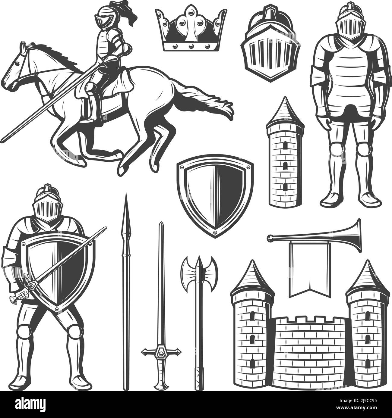 Ensemble d'éléments médiavaux vintage avec chevaliers à cheval debout et à cheval en armure et arme bouclier de la couronne corne forteresse vecteur isolé illustration Illustration de Vecteur Ensemble d'éléments médiavaux vintage avec chevaliers à cheval debout et à cheval en armure et arme bouclier de la couronne corne forteresse vecteur isolé illustration Illustration de Vecteur