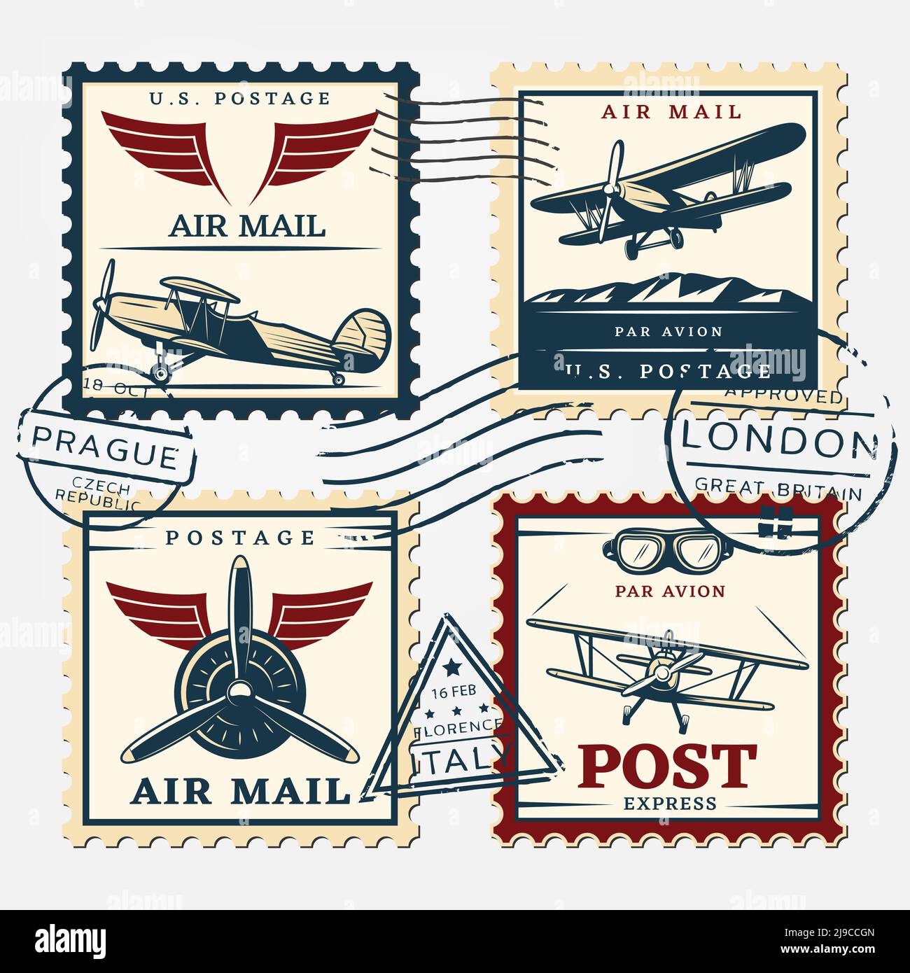 Ensemble de timbres carrés colorés pour avions avec avions et ronds postmarks dans une illustration vectorielle isolée de style rétro Illustration de Vecteur