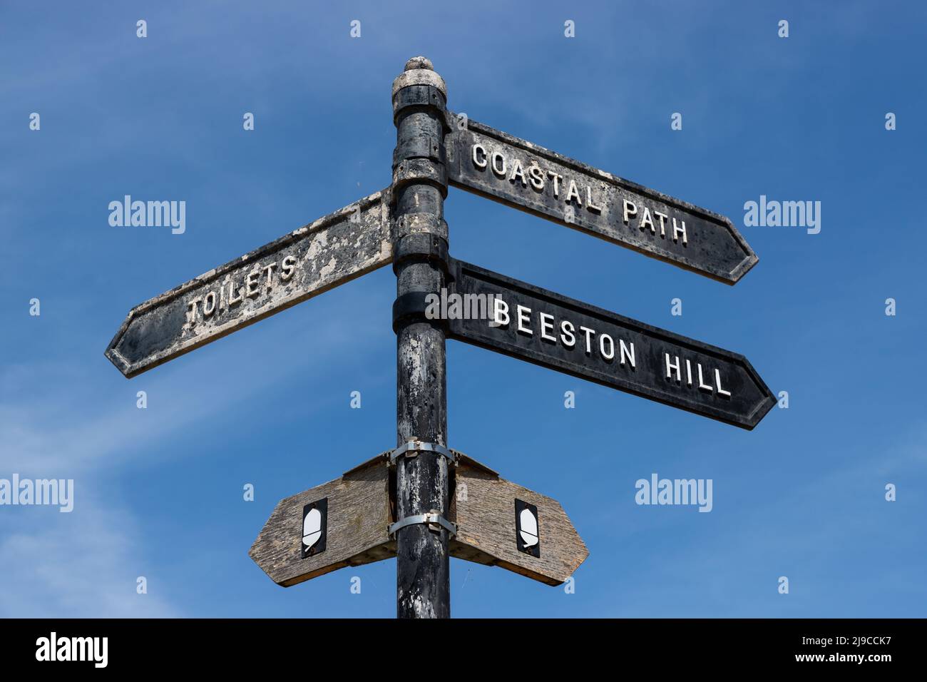 Panneaux en direction de Sheringham, North Norfolk, UK en direction de Beeston Hill Banque D'Images