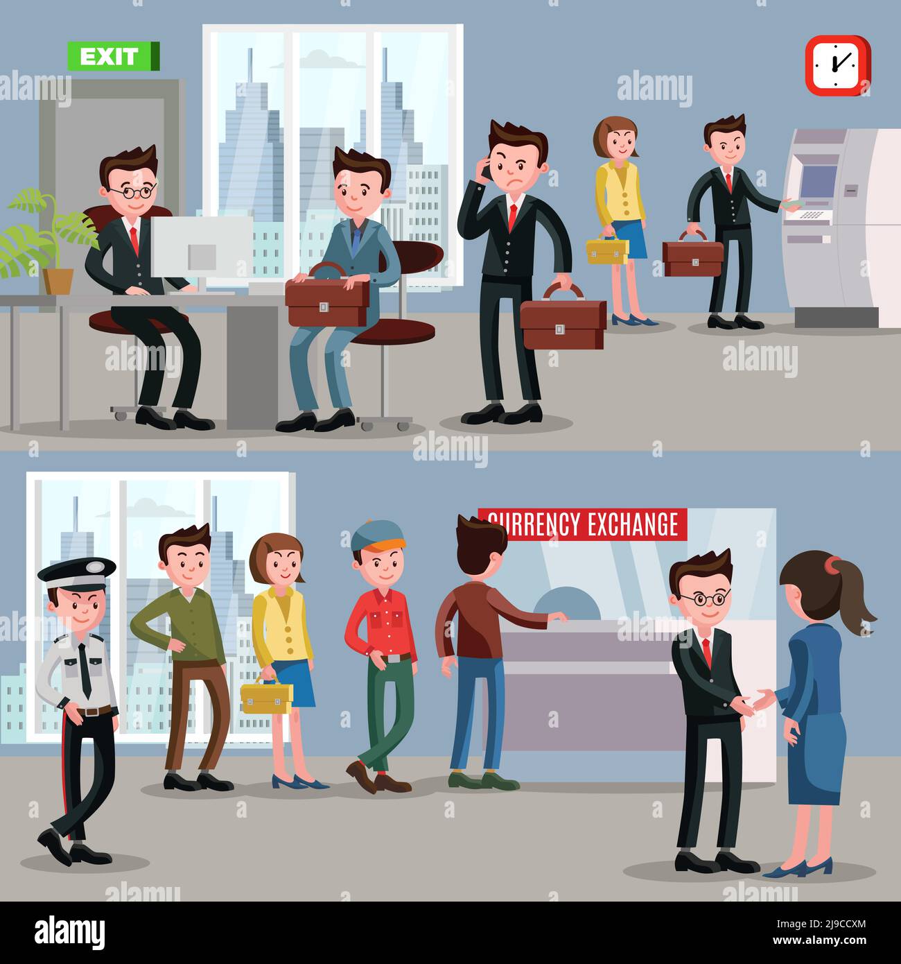 Bannières horizontales de service financier avec le responsable de la sécurité du personnel et les clients illustration vectorielle de l'intérieur du banc Illustration de Vecteur Bannières horizontales de service financier avec le responsable de la sécurité du personnel et les clients illustration vectorielle de l'intérieur du banc Illustration de Vecteur