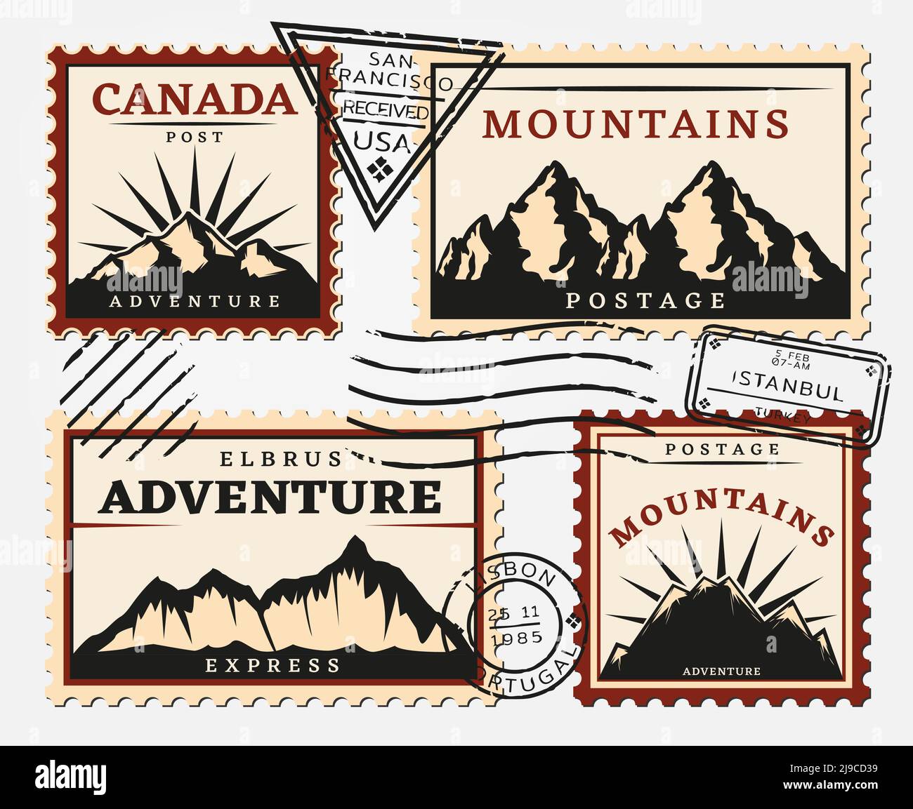 Ensemble de timbres-poste vintage avec montagnes et rond triangulaire rectangulaire postrophes illustration de vecteur isolé Illustration de Vecteur