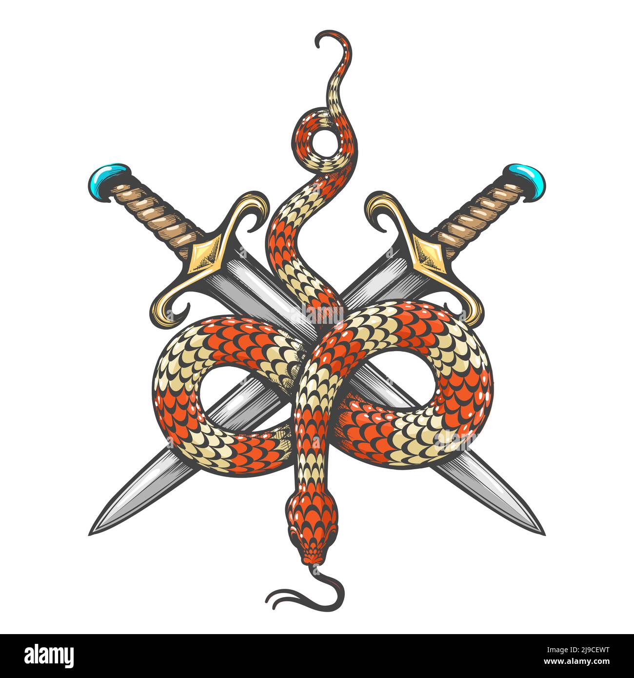 Tatouage de serpent et deux épées dessinées en style gravure isolée sur fond blanc. Illustration vectorielle. Illustration de Vecteur