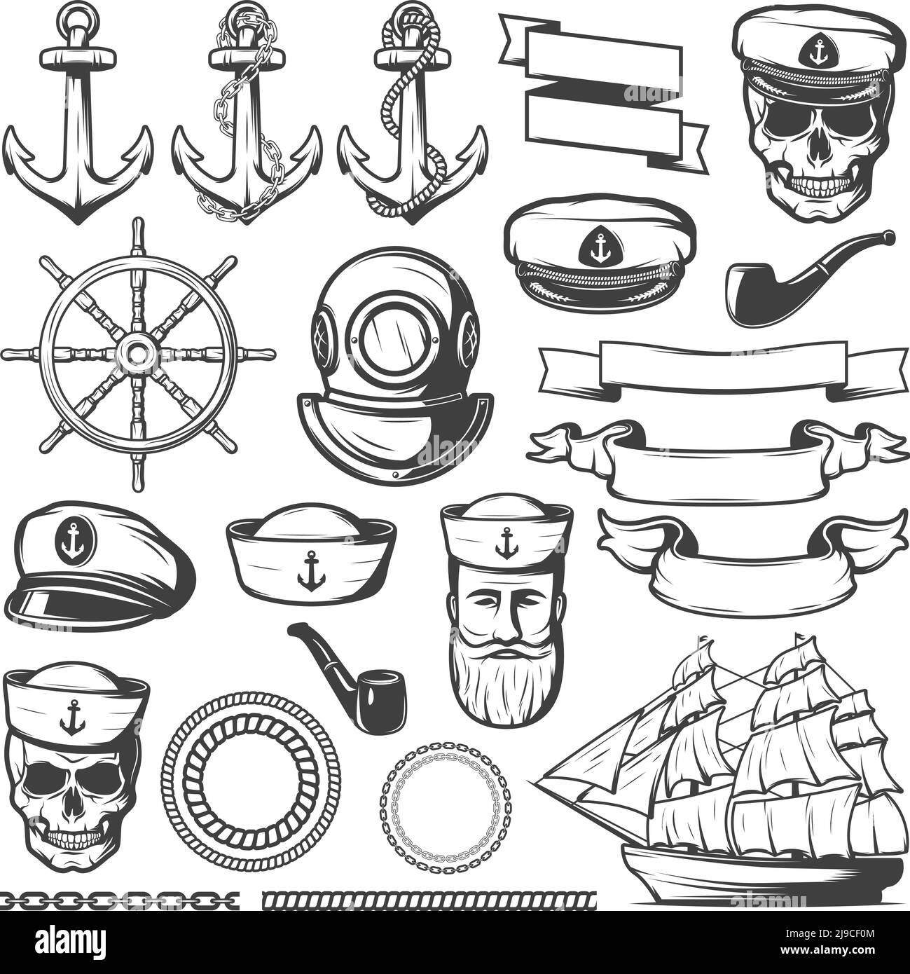 Ensemble de rubans et d'icônes marines vintage et isolées de marin dessinés en noir illustration vectorielle sur fond blanc Illustration de Vecteur