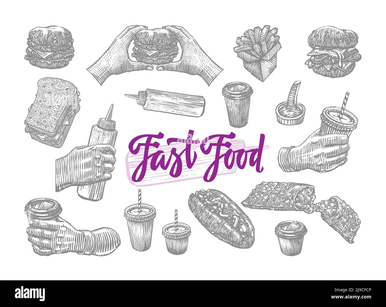 Dessinez les éléments de restauration rapide de la série de hamburgers frites ketchup illustration vectorielle isolée hamburgers soda et hot dogs Illustration de Vecteur