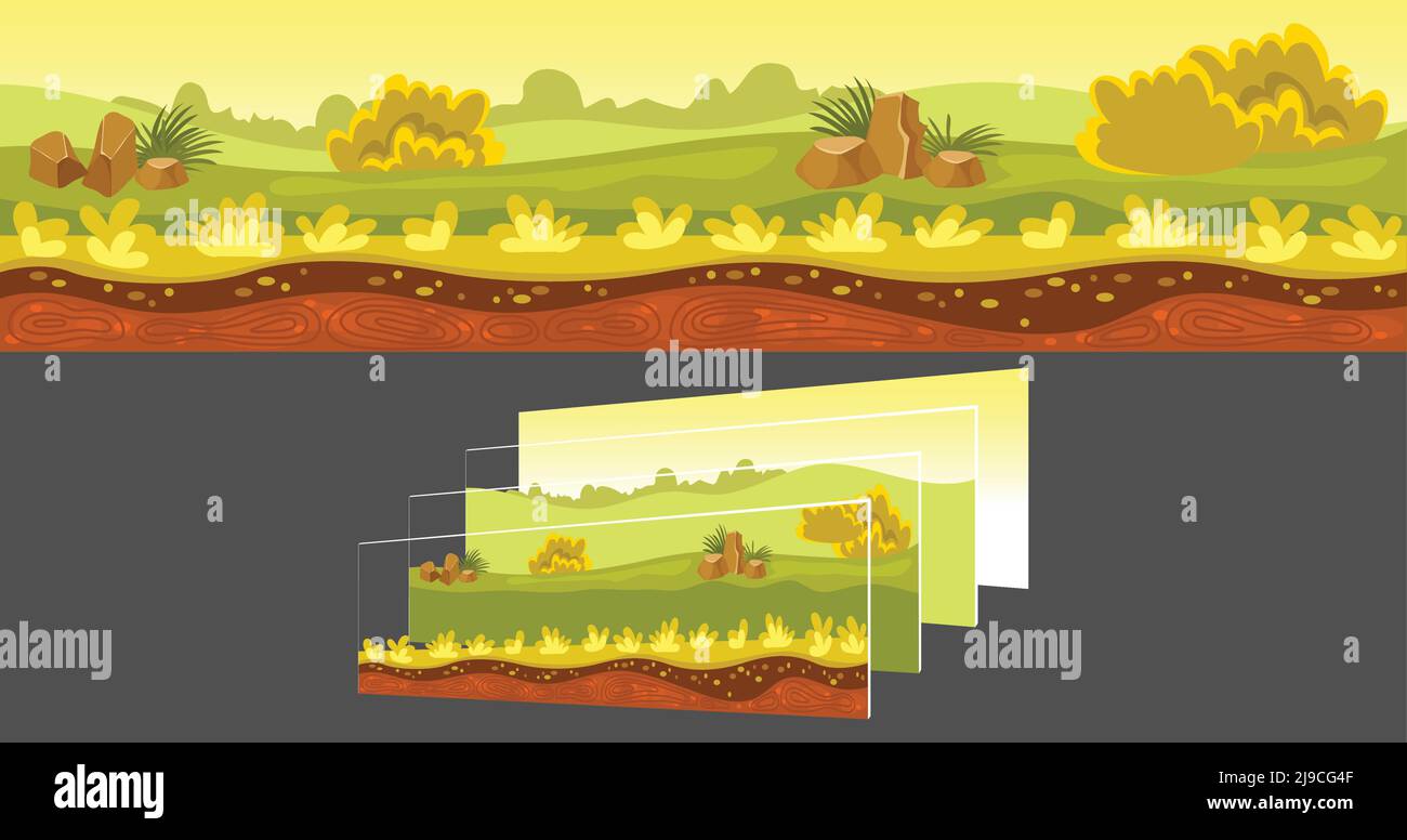 Jeux de paysage ensoleillé avec champs verts et pierres séparées calques sur l'illustration vectorielle d'arrière-plan gris Illustration de Vecteur