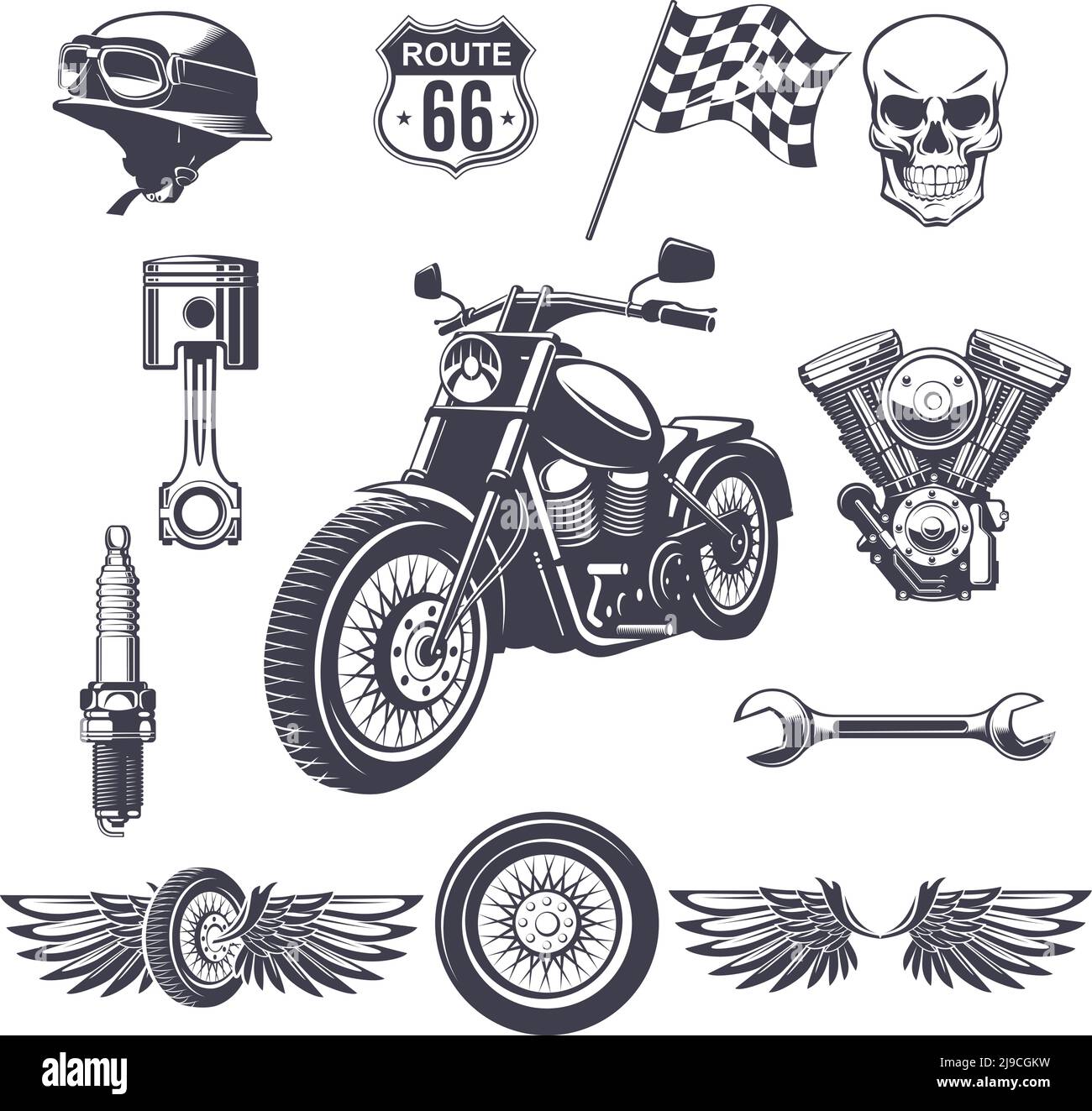 Collection vintage Motorcycle ELEMENTS avec clé à moteur pour crâne de casque de moto illustration du vecteur isolé de bougie d'allumage de piston d'indicateur des ailes de roue Illustration de Vecteur