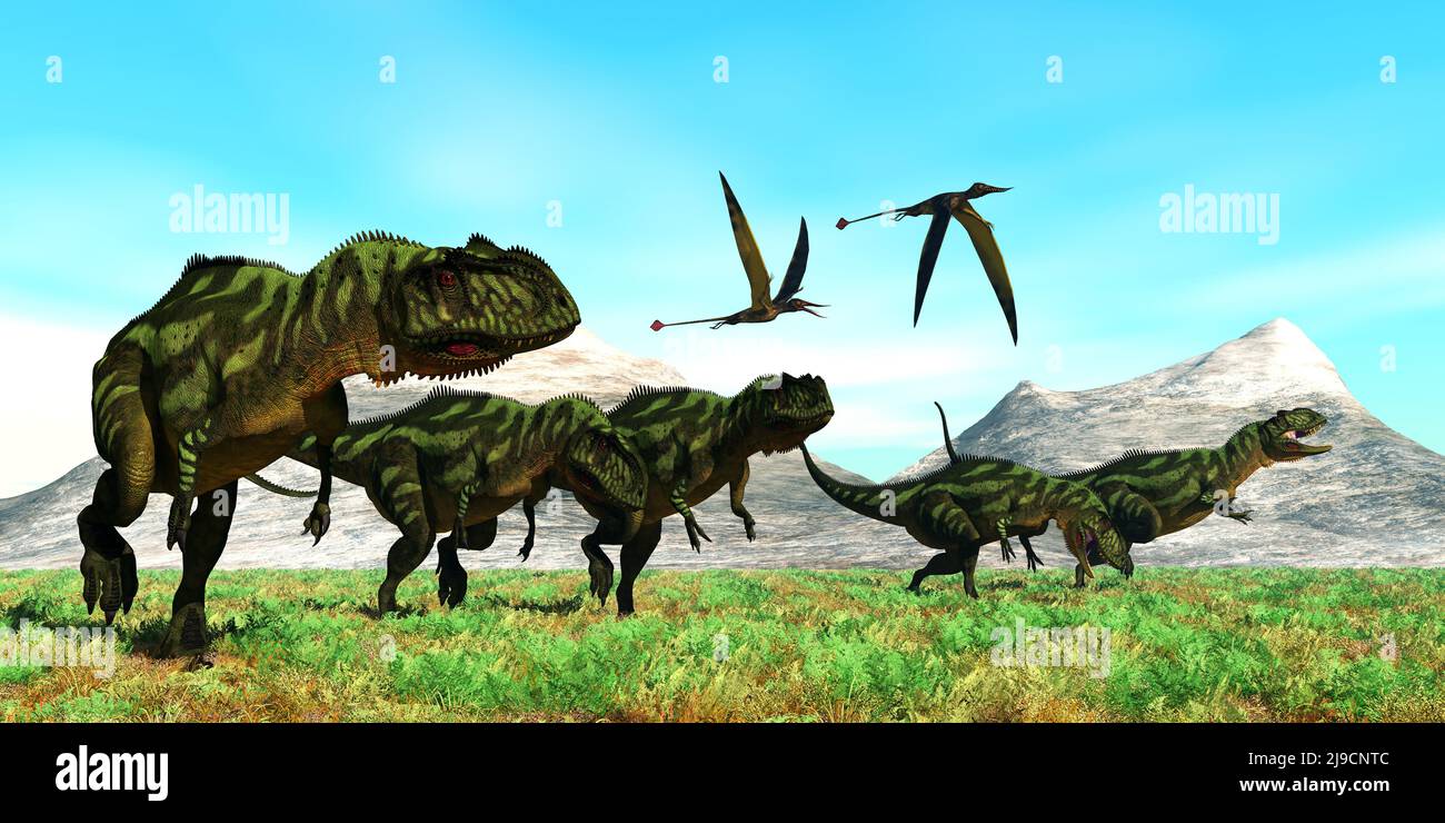 Rhamphorhynchus ptérosaures suivent un paquet de théropodes carnivores de Yangchuanosaurus pendant leur chasse aux proies. Banque D'Images