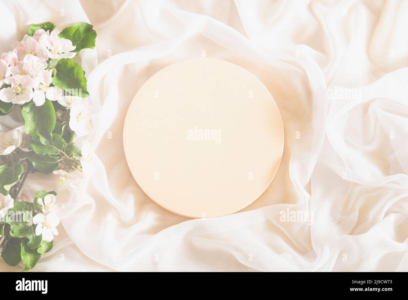 Support rond à plate-forme géométrique pour la présentation des produits cosmétiques et branche d'arbre à fleurs printanières avec fleurs blanches sur blanc élégant et lisse Banque D'Images